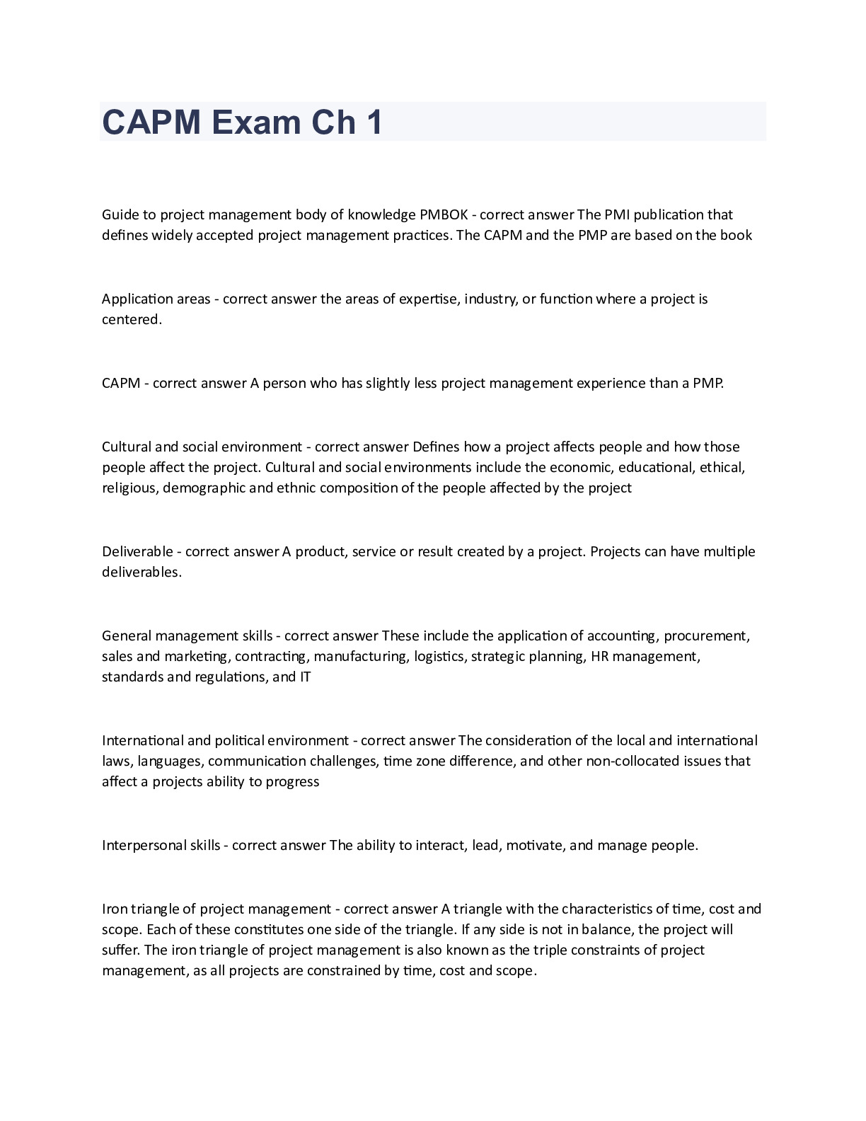 CAPM Exam Ch 1 questions with correct answers 2024 - DocMerit