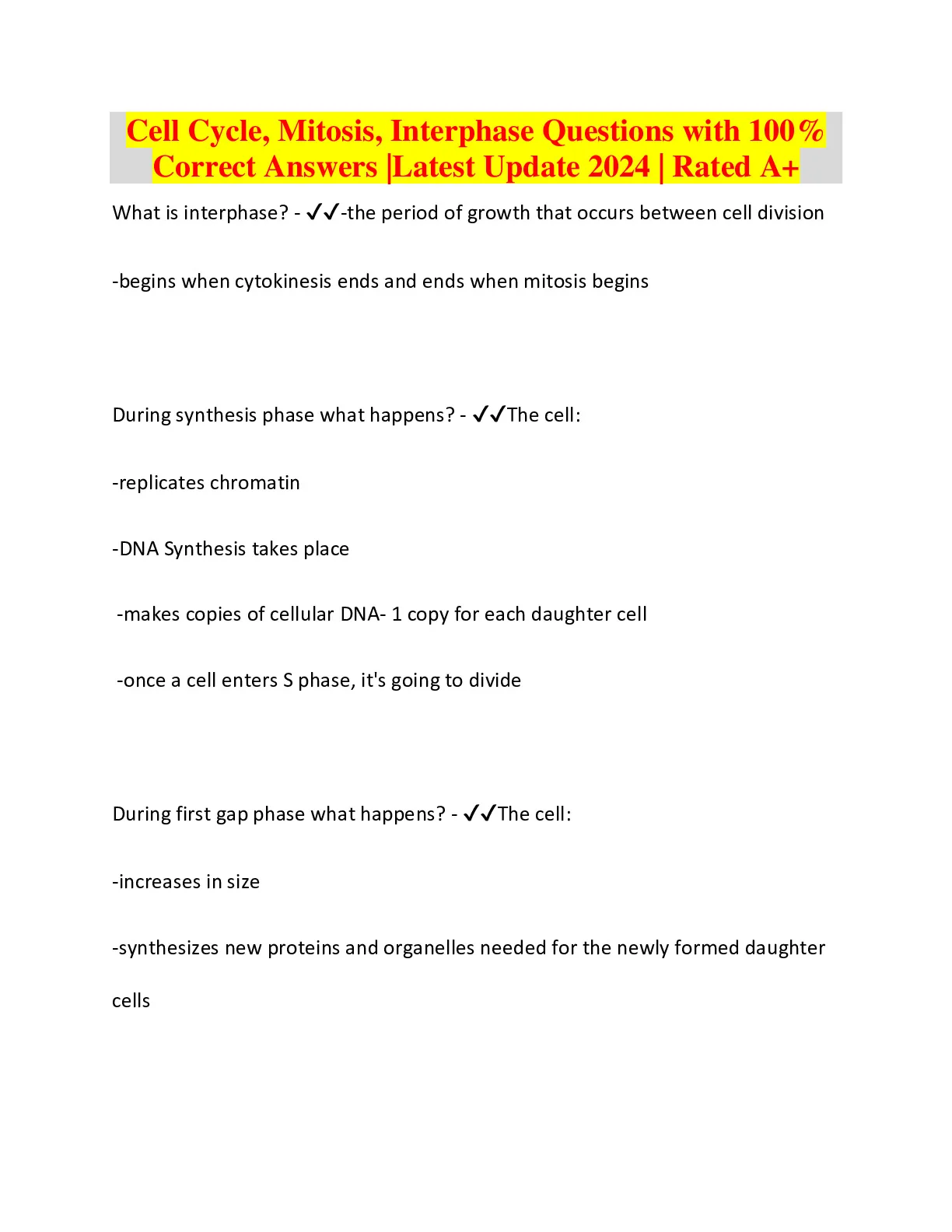 Cell Cycle, Mitosis, Interphase Questions with 100% Correct Answers ...