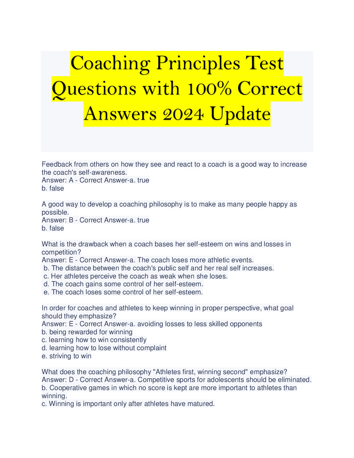 Coaching Principles ( ASEP) Test Questions with 100% Correct Answers 2024 Update| COMBINED PACKAGE DEAL