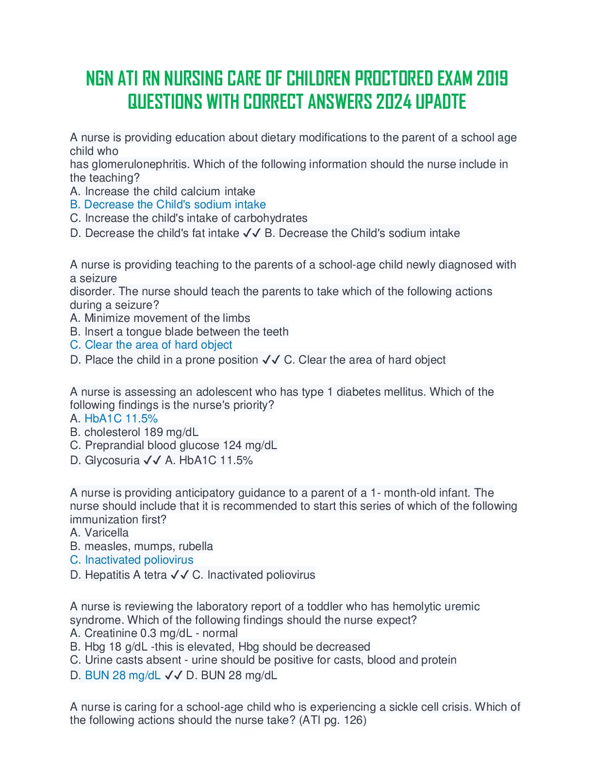 NGN ATI RN NURSING CARE OF CHILDREN PROCTORED EXAM 2019 QUESTIONS WITH ...