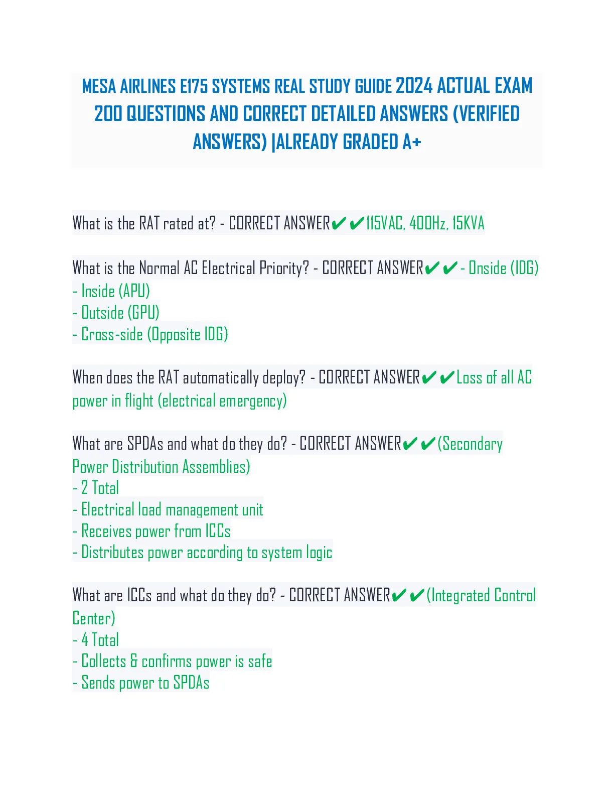 MESA AIRLINES E175 SYSTEMS REAL STUDY GUIDE 2024 ACTUAL EXAM 200 ...