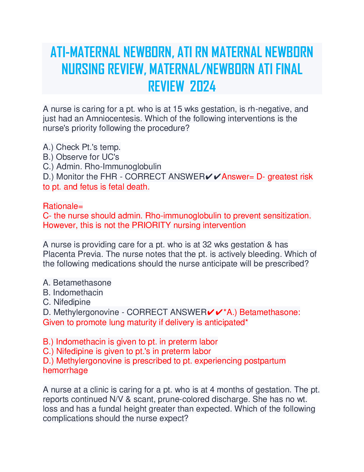 ATI-MATERNAL NEWBORN, ATI RN MATERNAL NEWBORN  NURSING REVIEW, MATERNAL/NEWBORN ATI FINAL