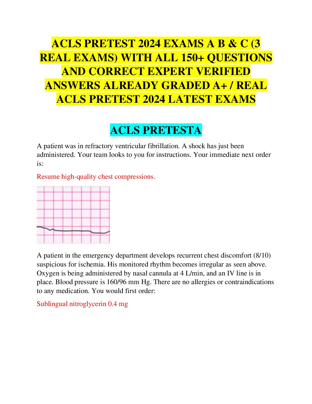 ACLS PRETEST 2024 EXAMS A B and C (3 REAL EXAMS) WITH ALL 150 ...