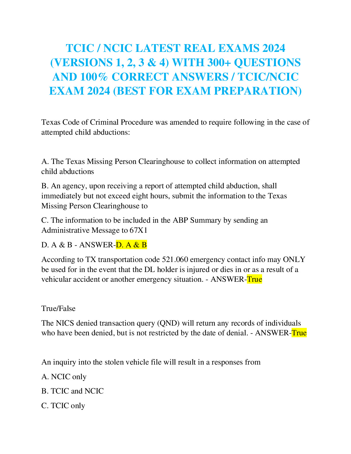 TCIC / NCIC LATEST REAL EXAMS 2024 (VERSIONS 1 2 3 4) WITH 300