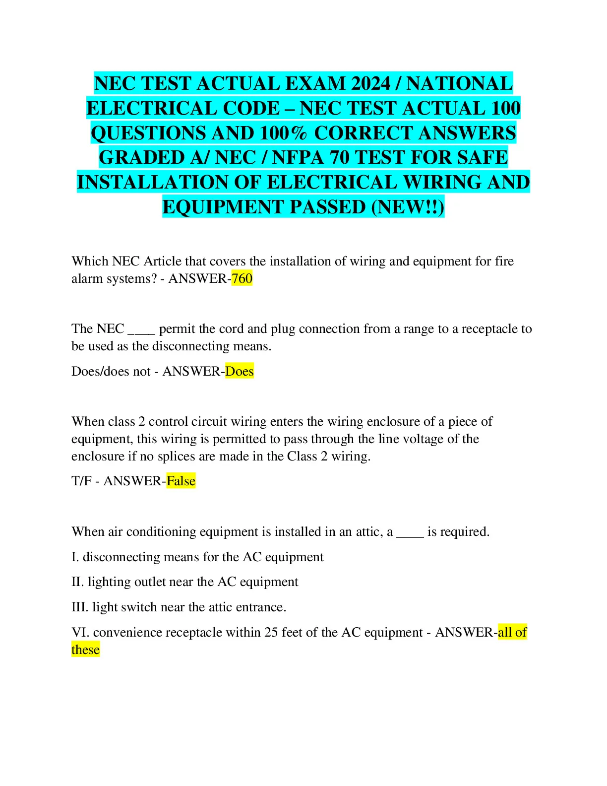 NEC TEST ACTUAL EXAM 2024 / NATIONAL ELECTRICAL CODE – NEC TEST ACTUAL ...