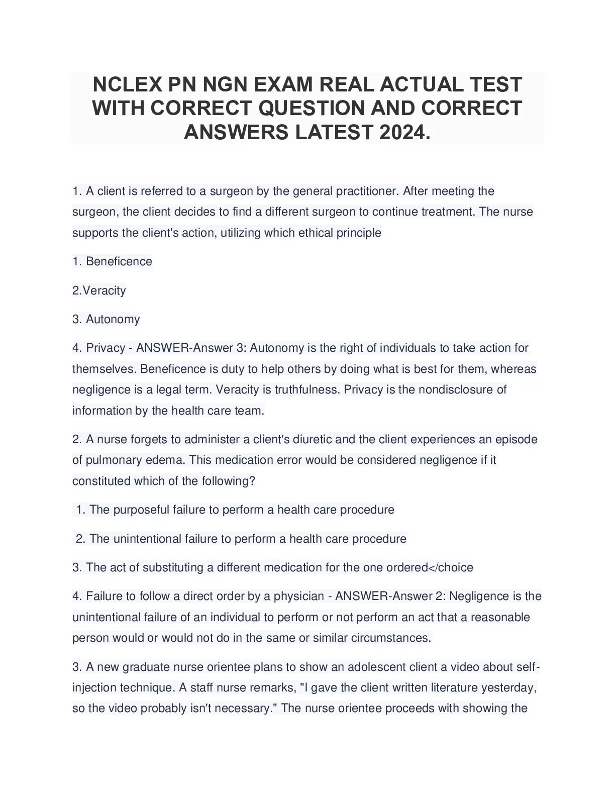 NCLEX PN NGN EXAM REAL ACTUAL TEST WITH CORRECT QUESTION AND CORRECT ...
