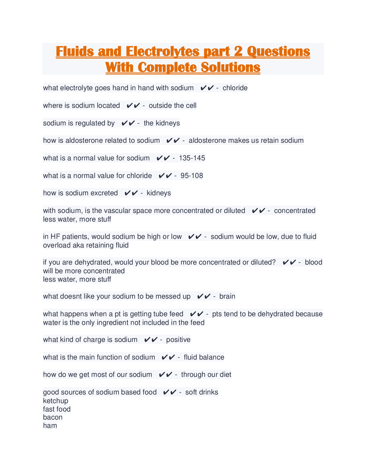 Fluids and Electrolytes part 2 Questions With Complete Solutions - DocMerit