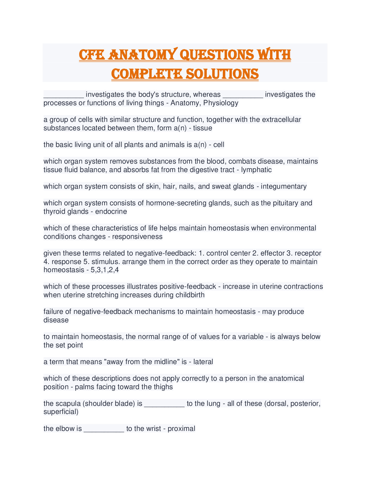 CFE Anatomy Questions with Complete Solutions - DocMerit