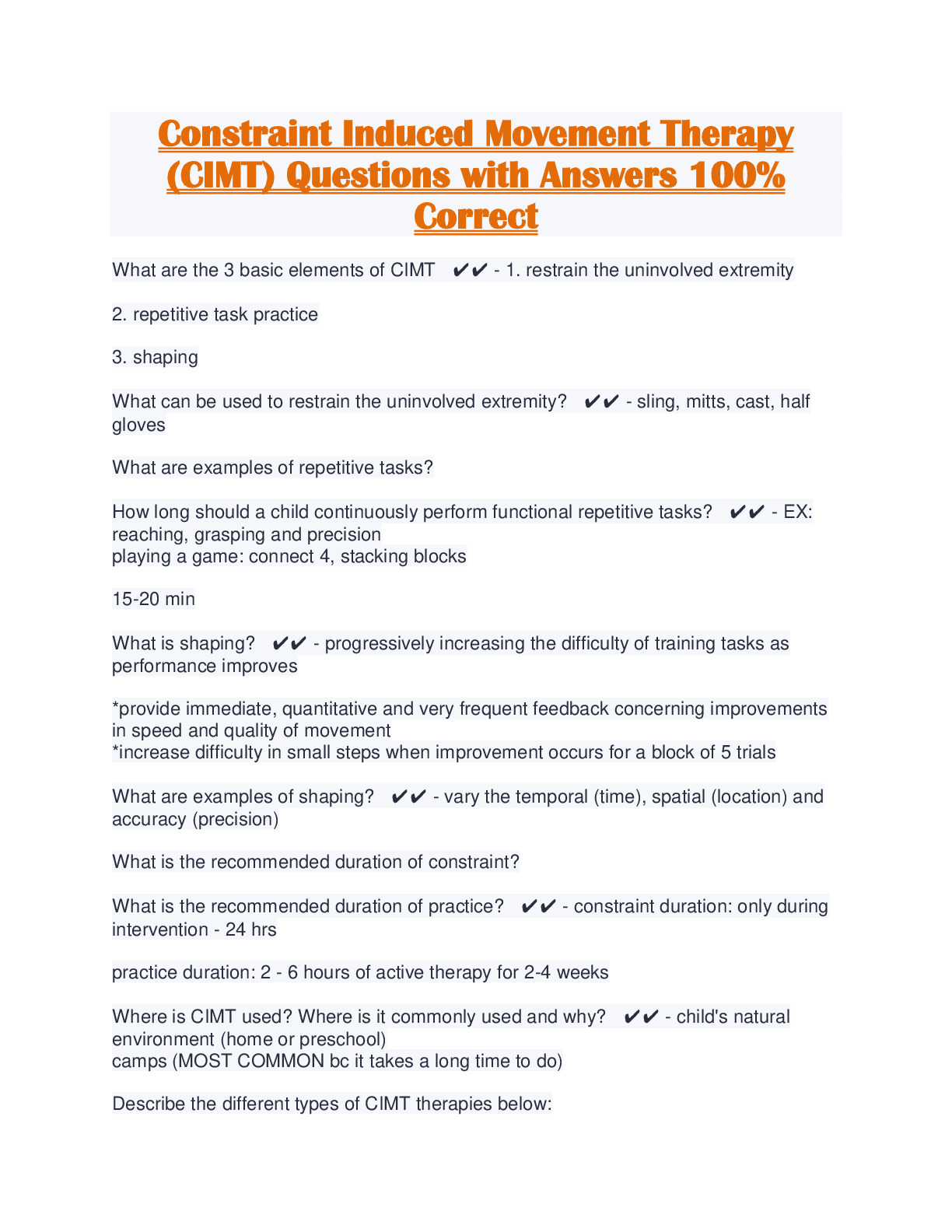 Constraint Induced Movement Therapy (CIMT) Questions with Answers 100% ...
