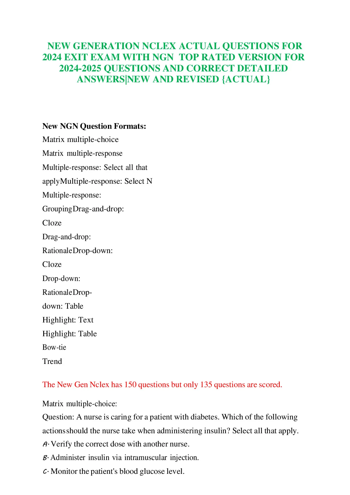 NEW GENERATION NCLEX ACTUAL QUESTIONS FOR 2024 EXIT EXAM WITH NGN TOP ...