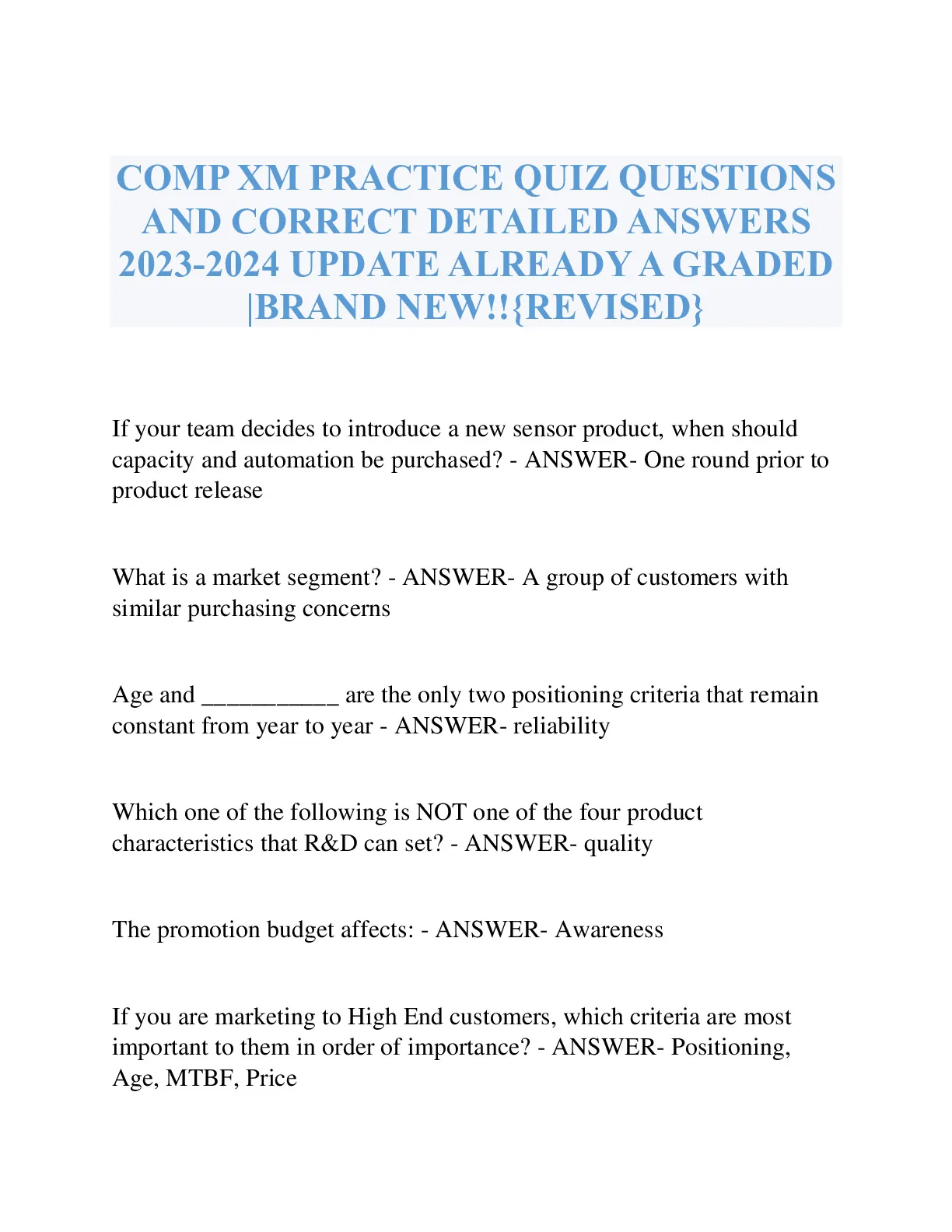COMP XM PRACTICE QUIZ QUESTIONS AND CORRECT DETAILED ANSWERS 2023-2024 ...