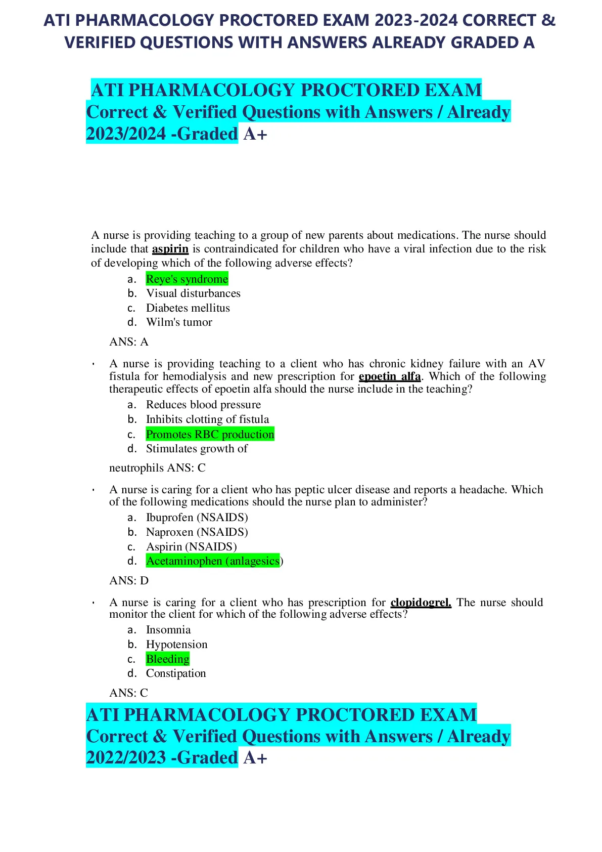 ATI PHARMACOLOGY PROCTORED EXAM 2023-2024 CORRECT and VERIFIED ...
