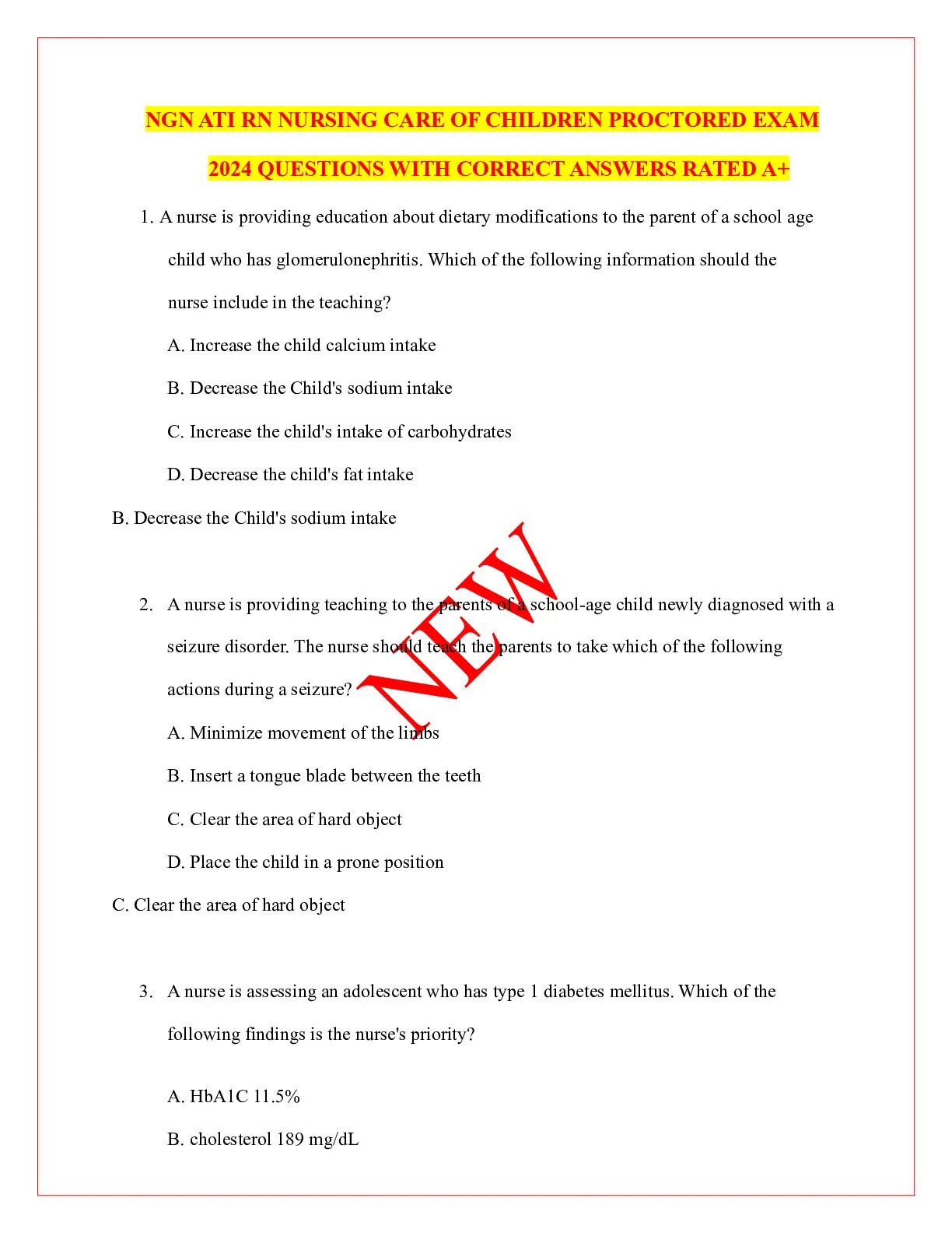 NGN ATI RN NURSING CARE OF CHILDREN PROCTORED EXAM 2024 QUESTIONS WITH ...