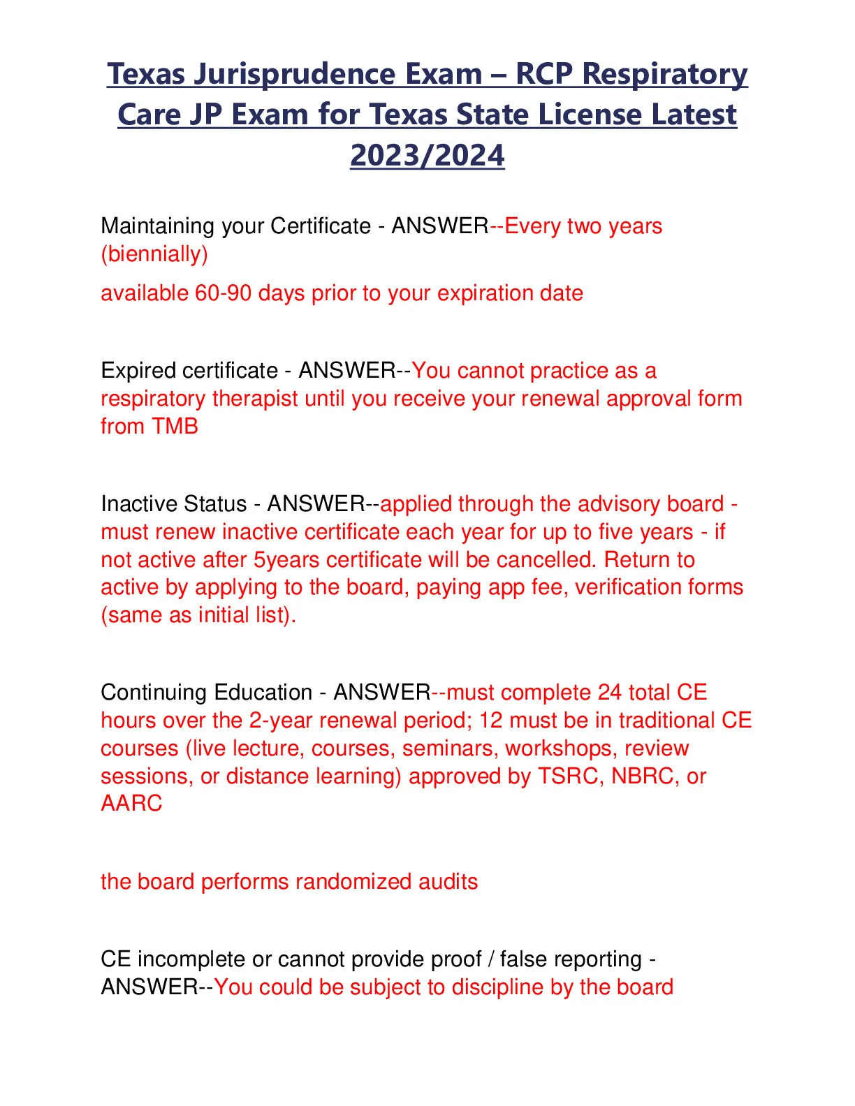 Texas Jurisprudence Exam – RCP Respiratory Care JP Exam for Texas State ...
