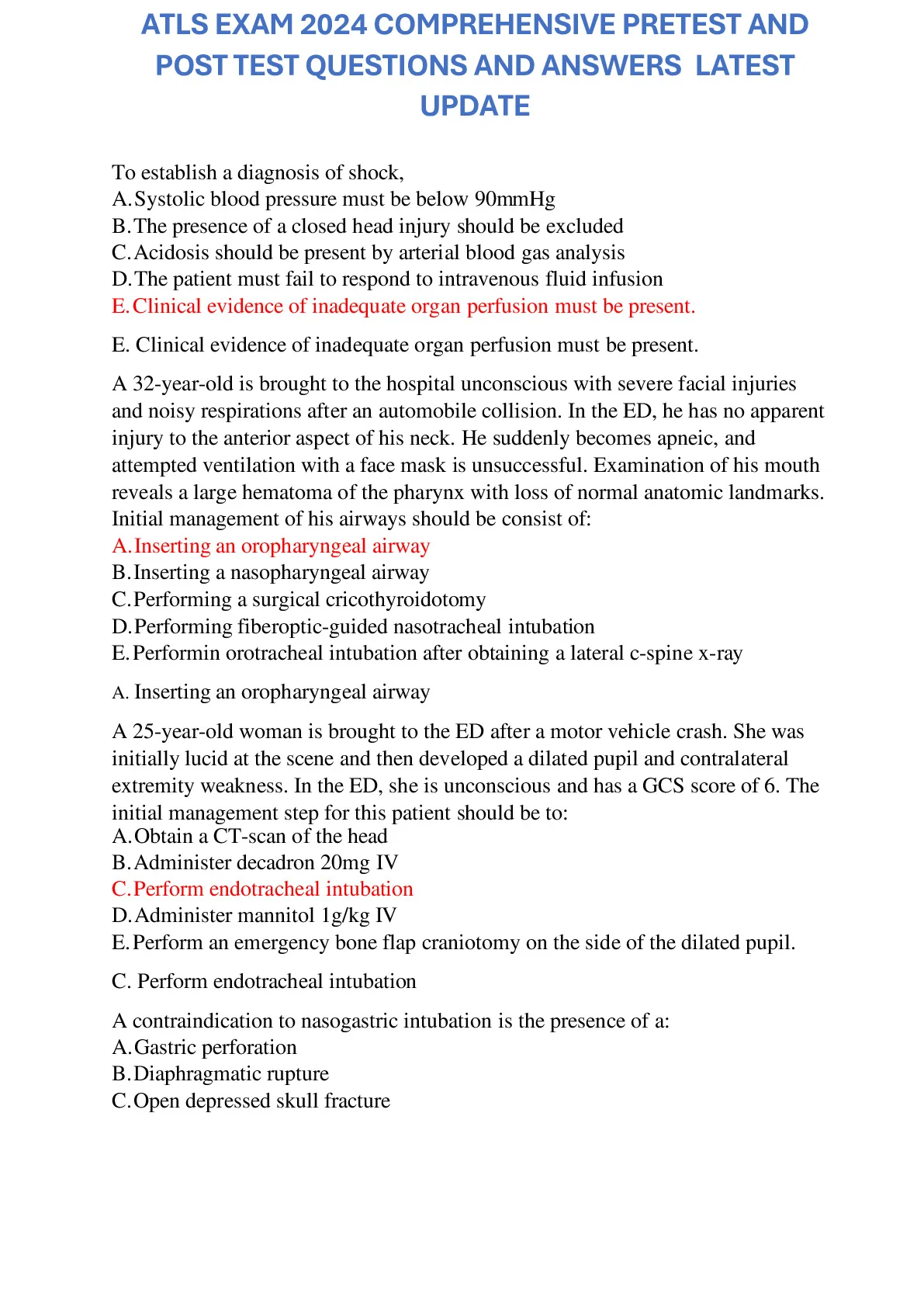 ATLS EXAM 2024 COMPREHENSIVE PRETEST AND POST TEST QUESTIONS AND ...