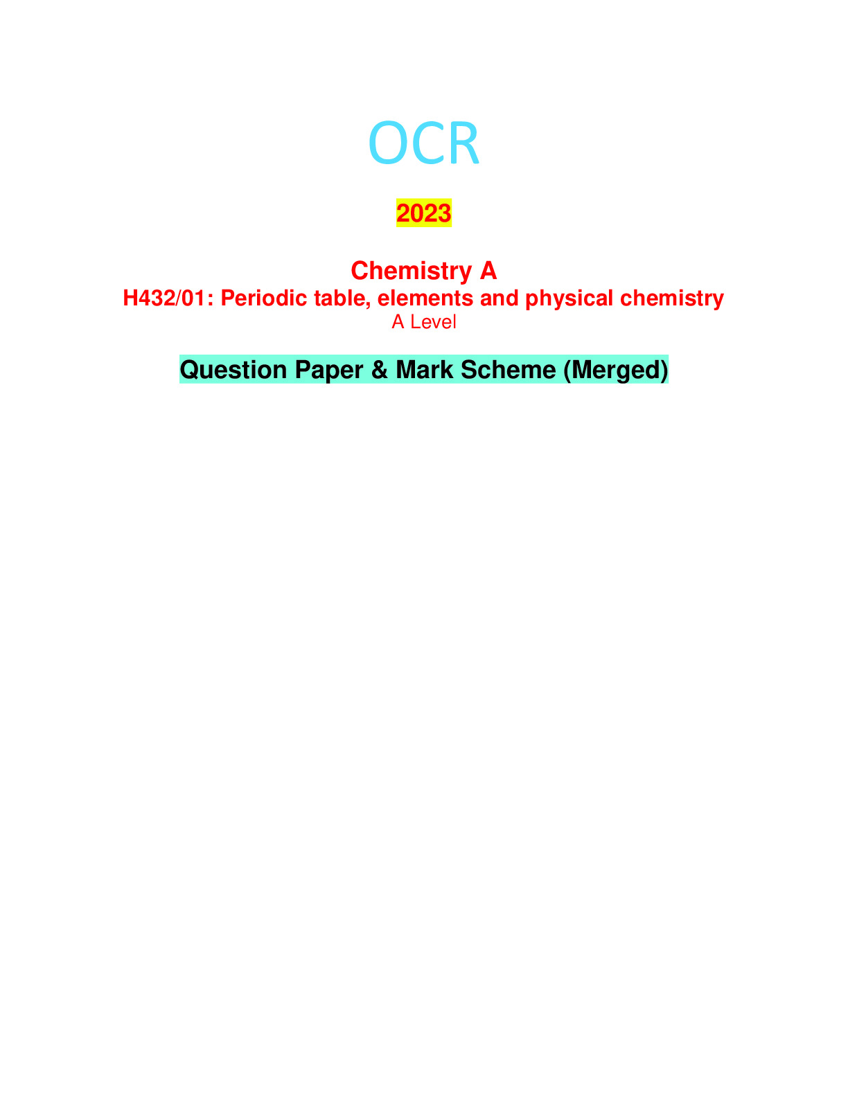 OCR 2023 Chemistry A H432/01: Periodic table, elements and physical ...