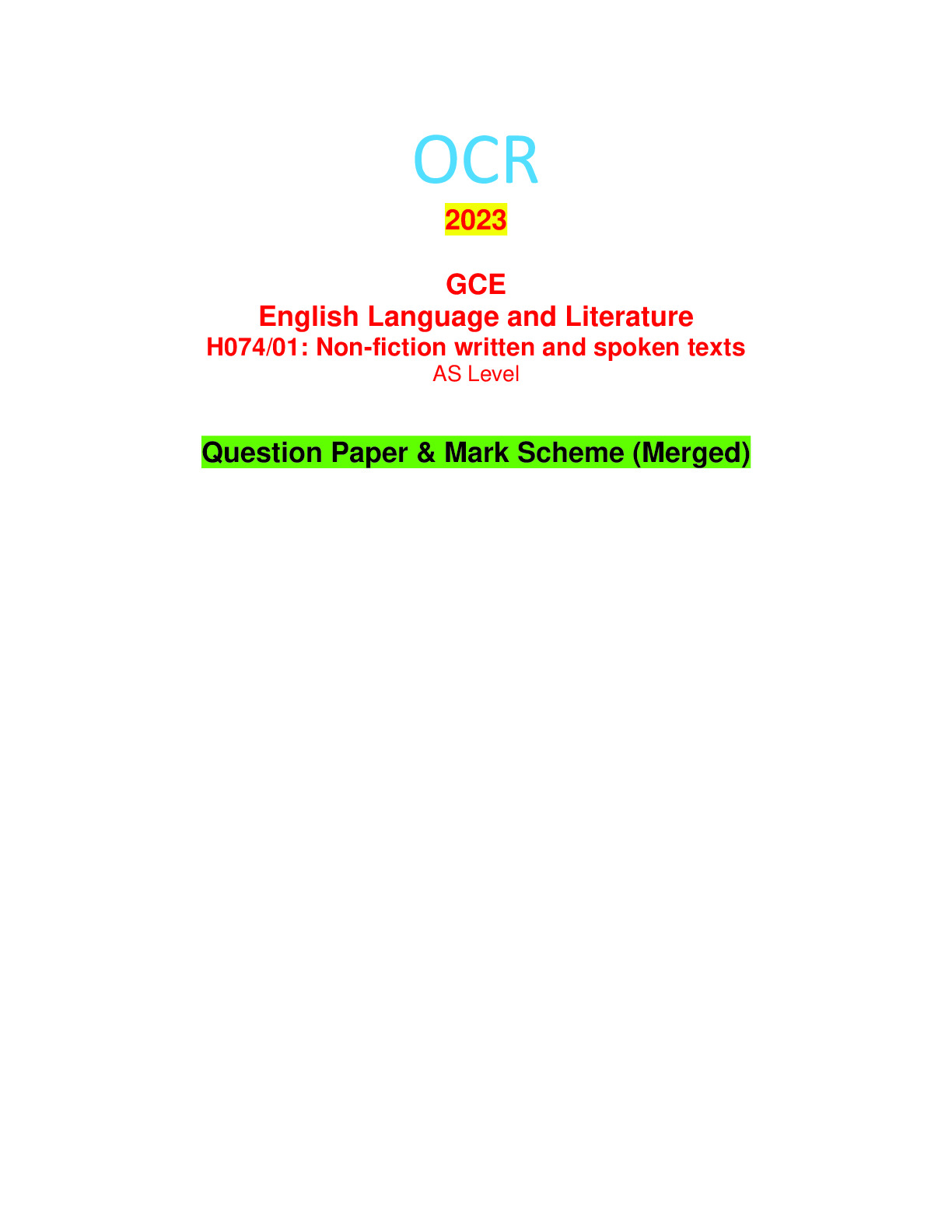 OCR 2023 GCE English Literature H472/01: Drama And Poetry Pre-1900 A ...