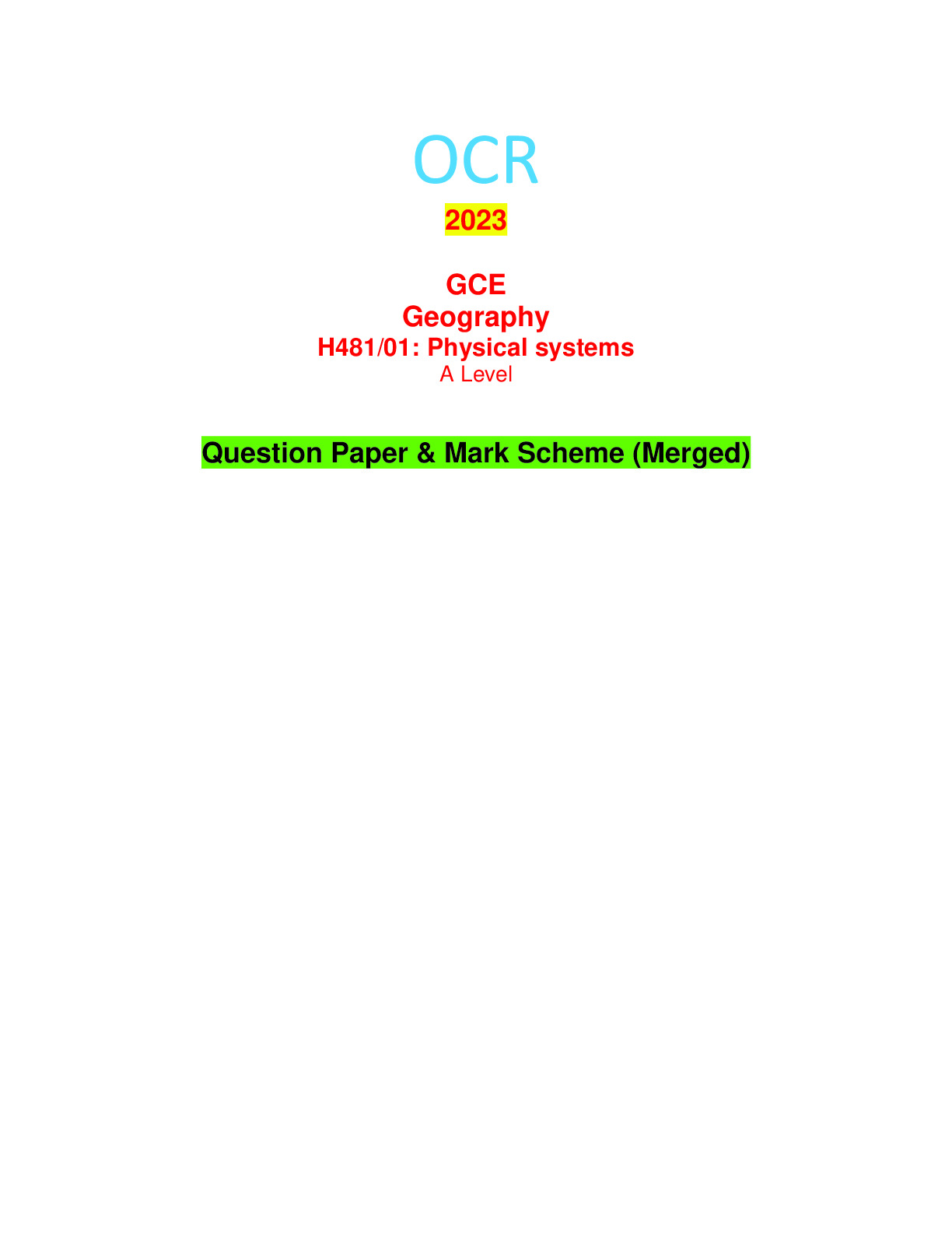 ocr a level geography coursework mark scheme