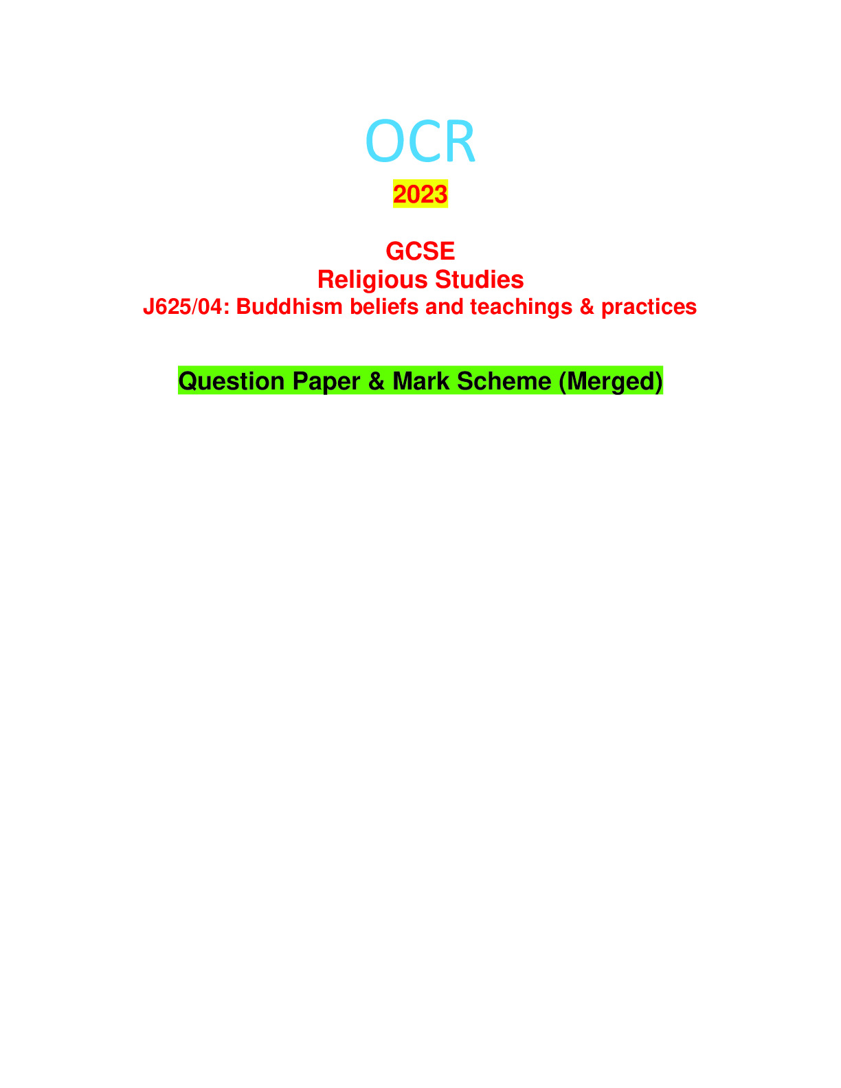 OCR 2023 GCSE Religious Studies J625/04: Buddhism beliefs and teachings ...