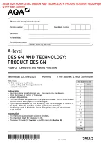 Actual 2024 AQA A-LEVEL DESIGN AND TECHNOLOGY: PRODUCT DESIGN 7552/2 Paper 2 Designing and Making Pr...