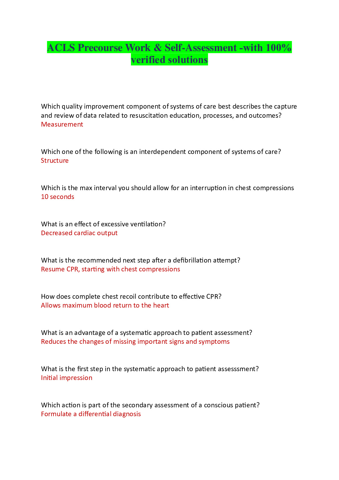 ACLS Precourse Work & Self-Assessment -with 100% verified solutions ...
