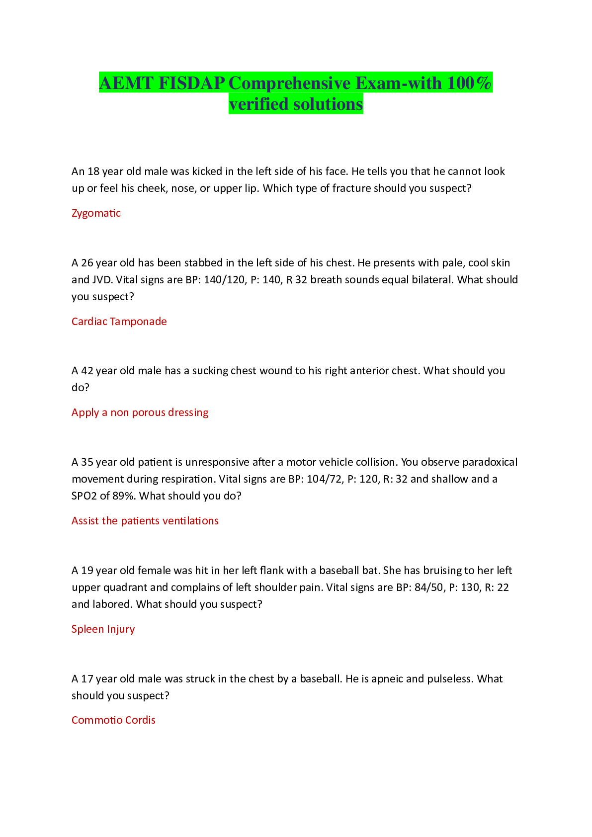 AEMT FISDAP COMPREHENSIVE EXAM ACTUAL EXAM QUESTIONS WITH CORRECT ...