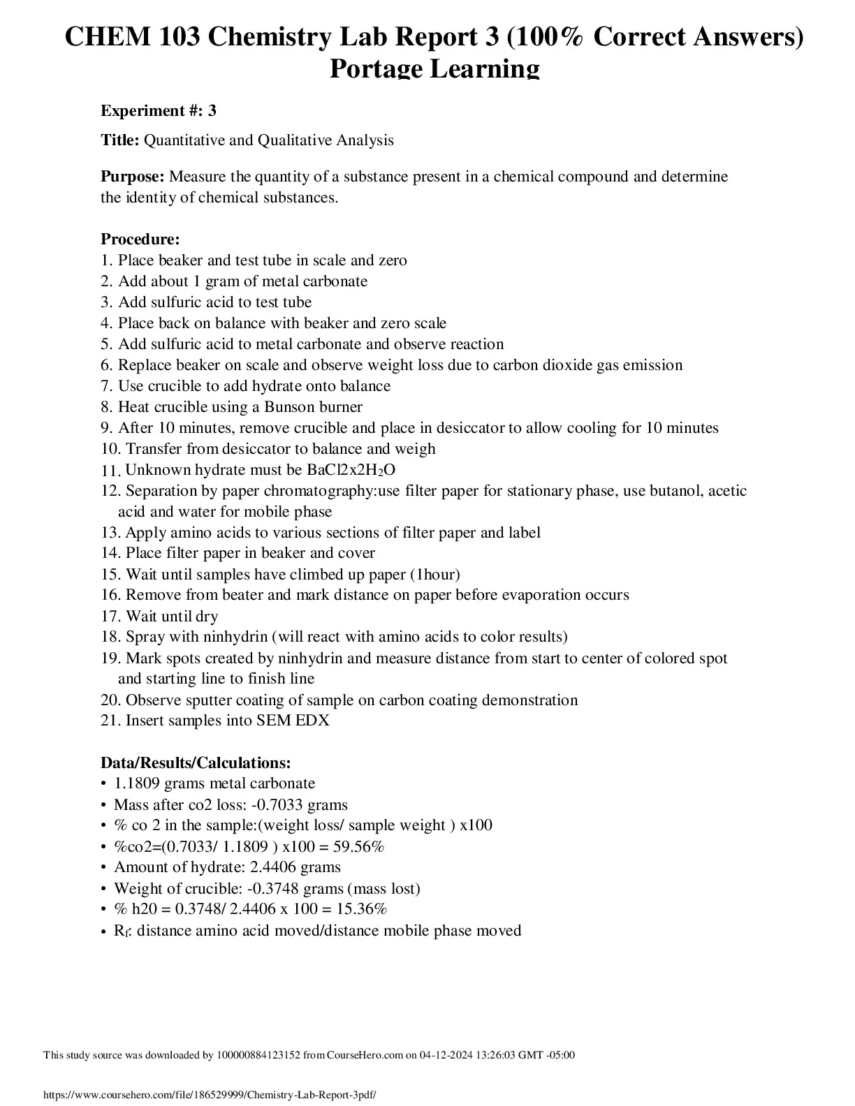 CHEM 103 Lab Reports 1, 2, 3, 4, 5, 6, 7 and 8 - DocMerit