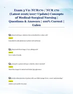 Exam 3 V2: NUR170 / NUR 170  (Latest 2026/2027 Update) Concepts  of Medical-Surgical Nursing |  Questions & Answers | 100% Correct |  Galen