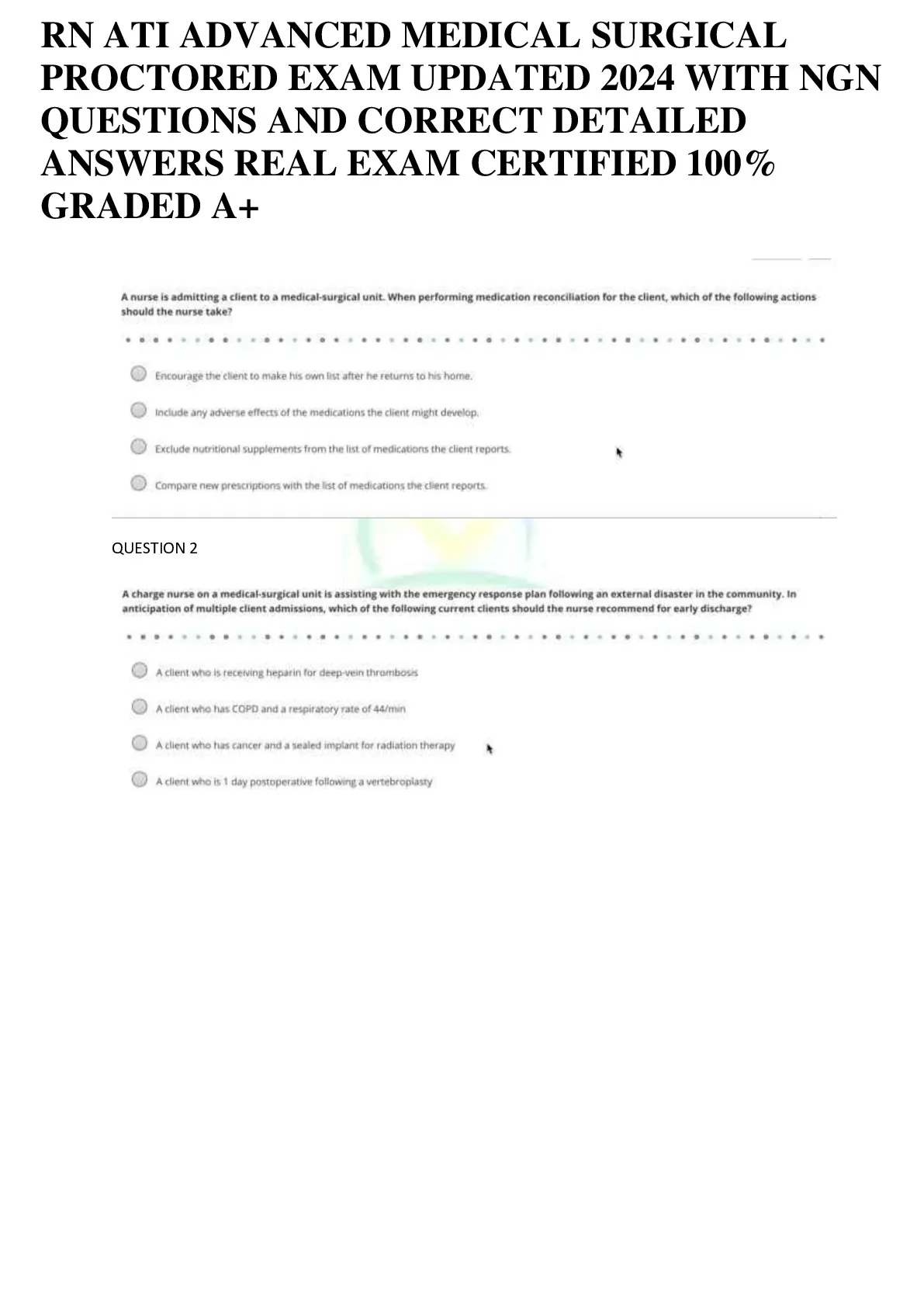 RN ATI ADVANCED MEDICAL SURGICAL PROCTORED EXAM UPDATED 2024 WITH NGN ...