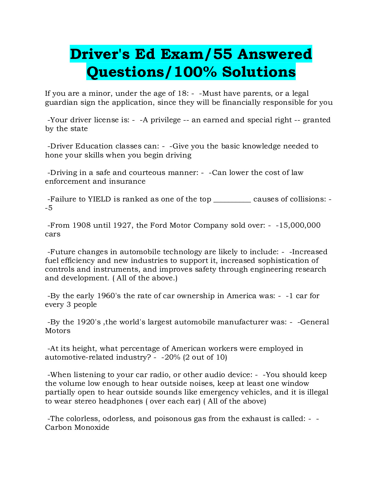 Driver&rsquo;s Ed Exam/55 Answered Questions/100% Solutions - DocMerit