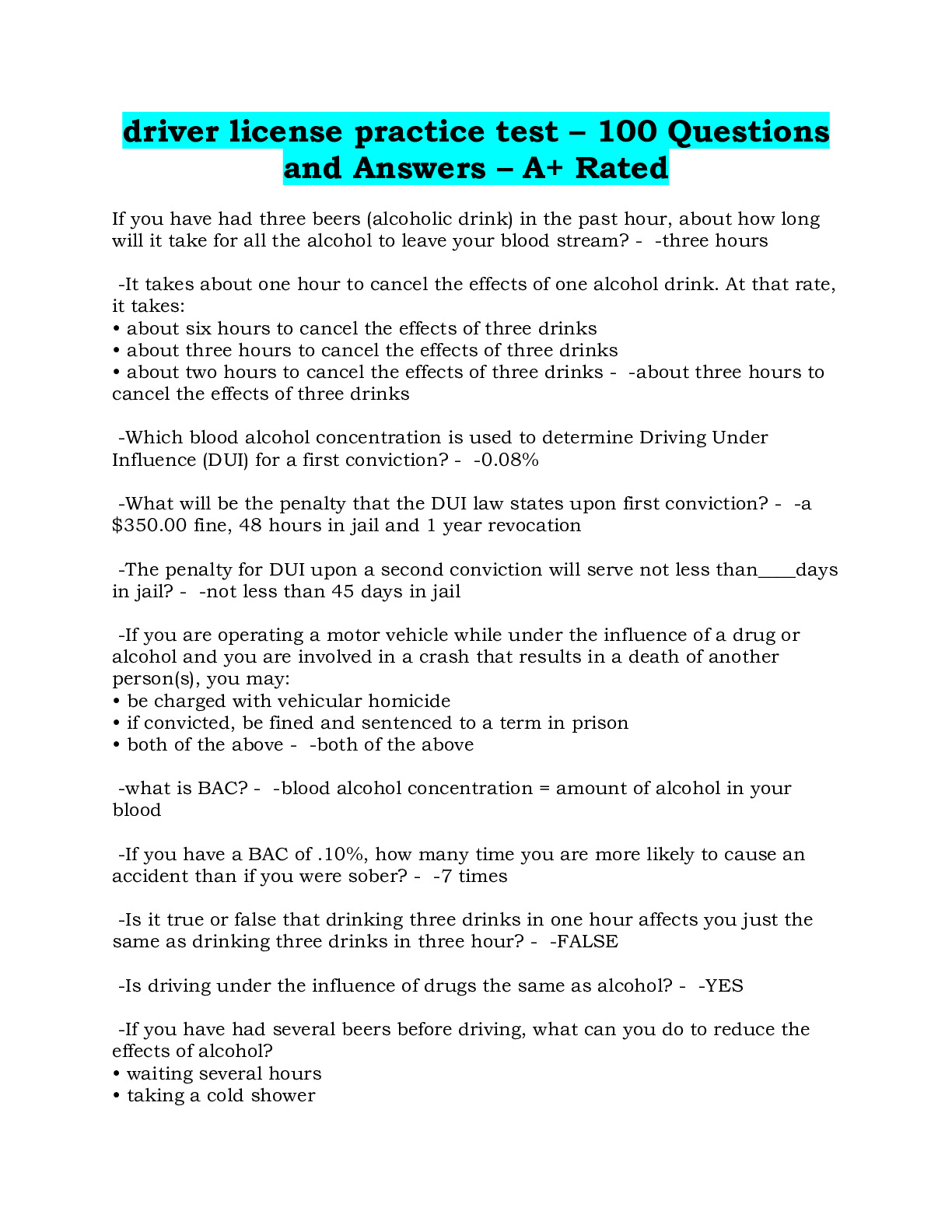 driver license practice test – 100 Questions and Answers – A+ 