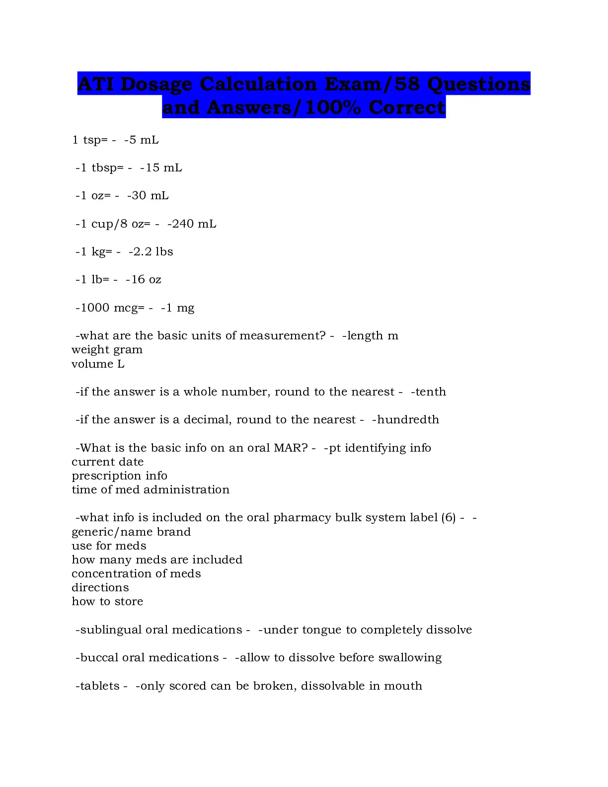 ATI Dosage Calculation Exam/58 Questions and Answers - DocMerit