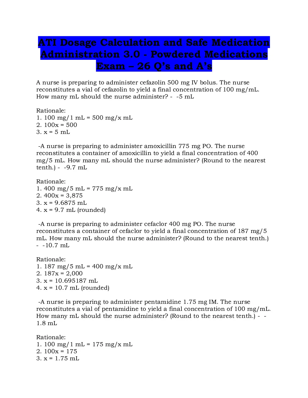 ATI Dosage Calculation and Safe Medication Administration 3.0 ...