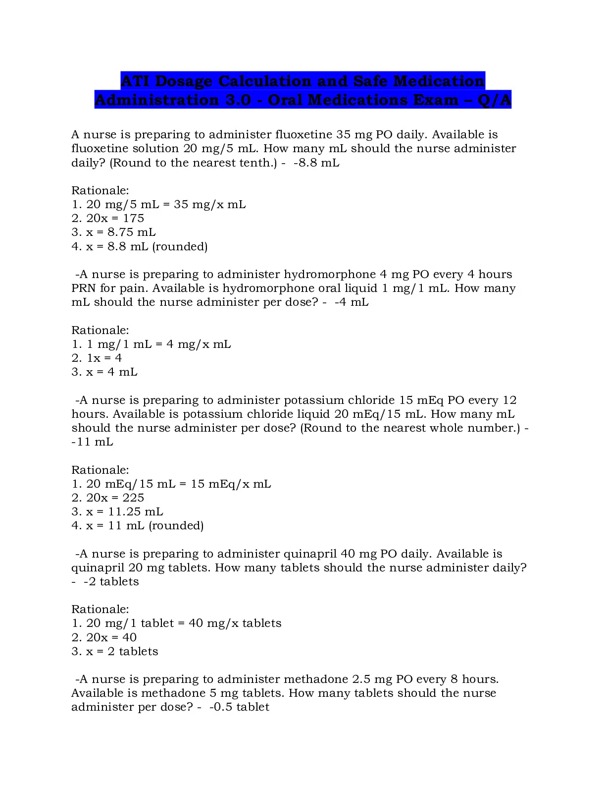 ATI Dosage Calculation and Safe Medication Administration 3.0 - Oral ...