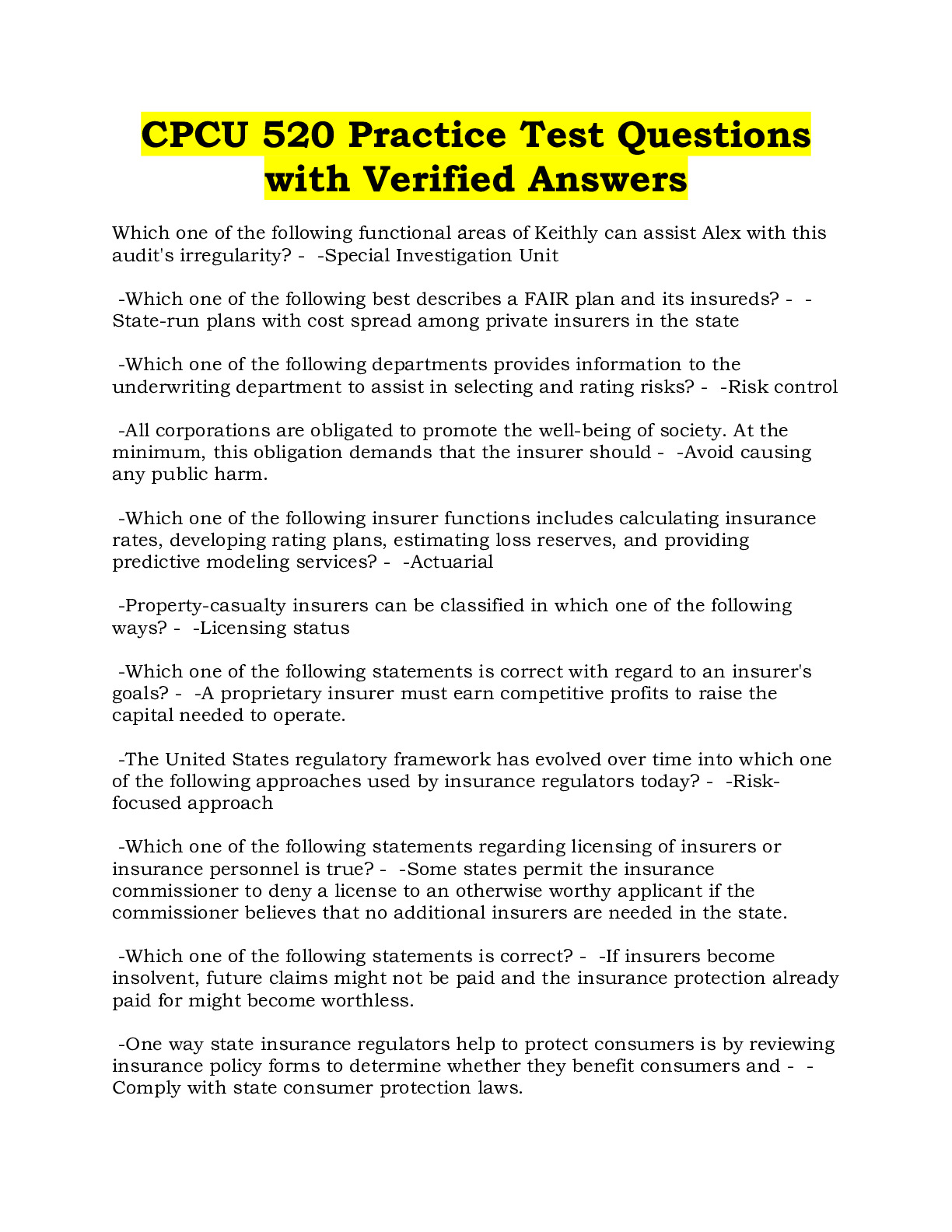 CPCU 520 Practice Test Questions with Verified Answers - DocMerit