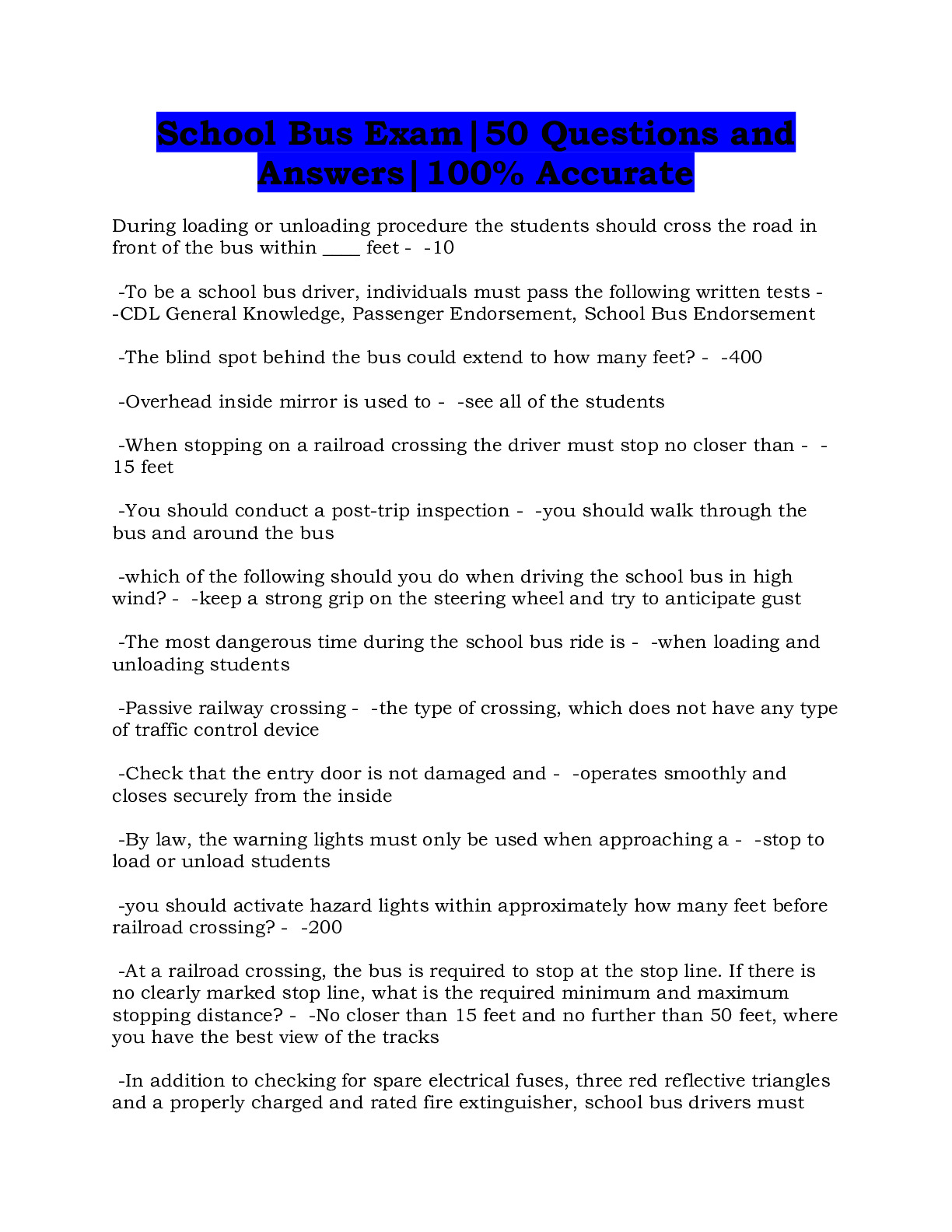 School bus endorsement practice test 50 questions and answers docmerit