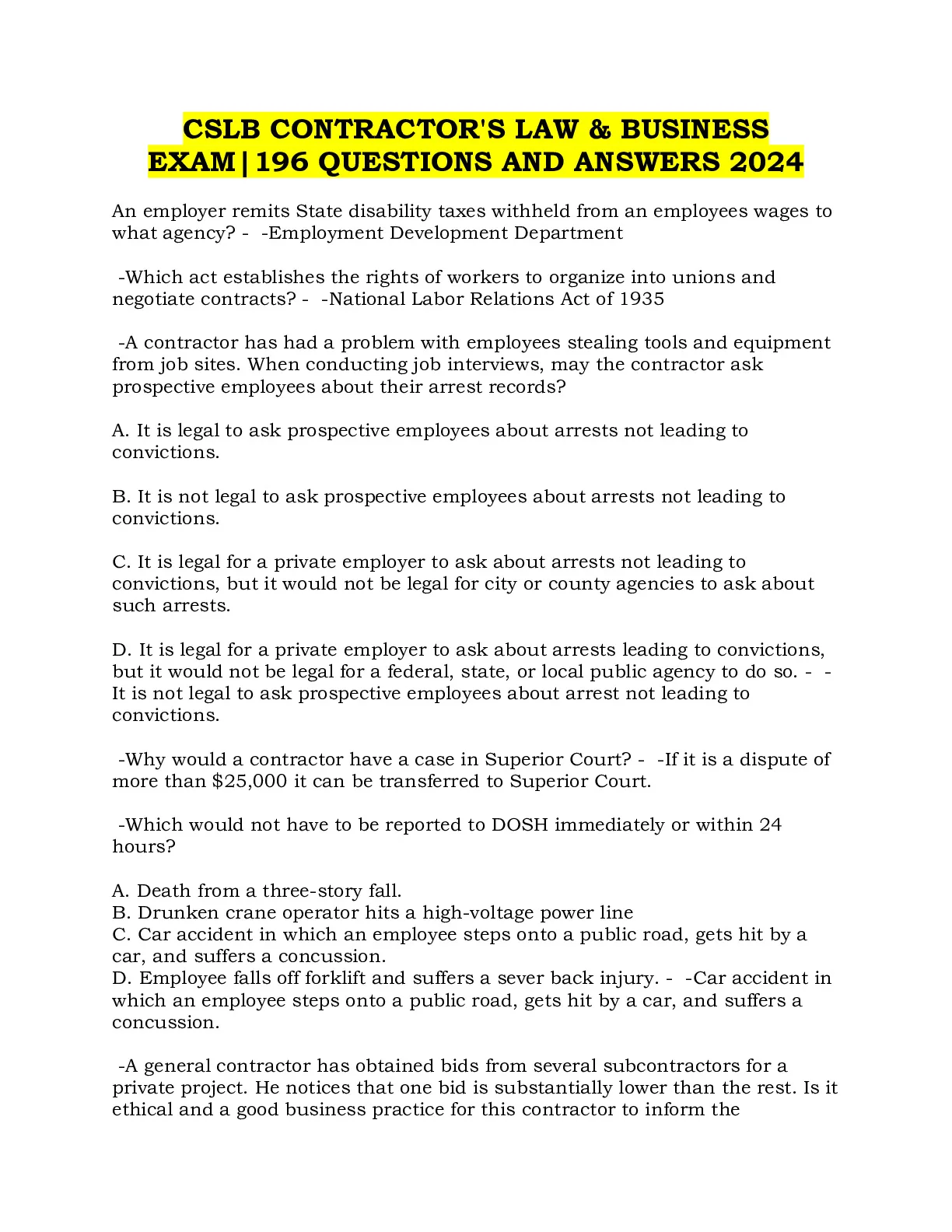 CSLB CONTRACTOR'S LAW and BUSINESS EXAM|196 QUESTIONS AND ANSWERS 2024 ...