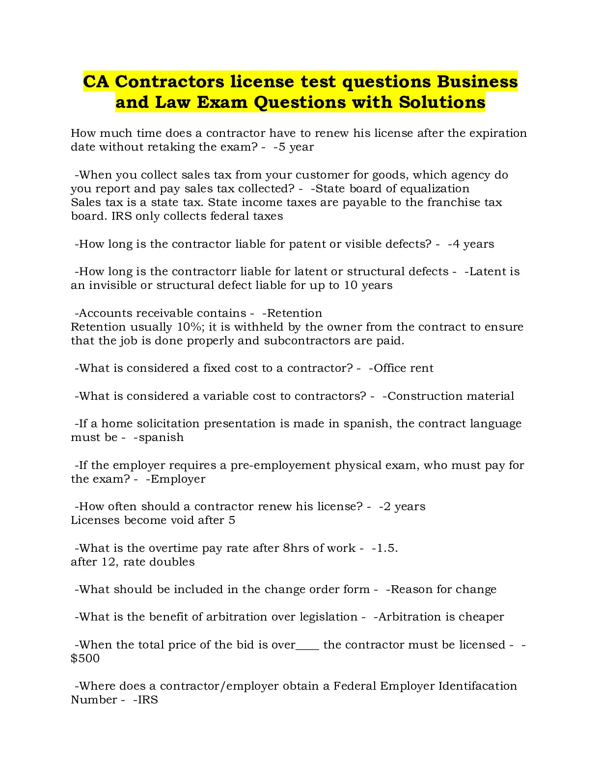 CA Contractors license test questions Business and Law Exam Questions ...