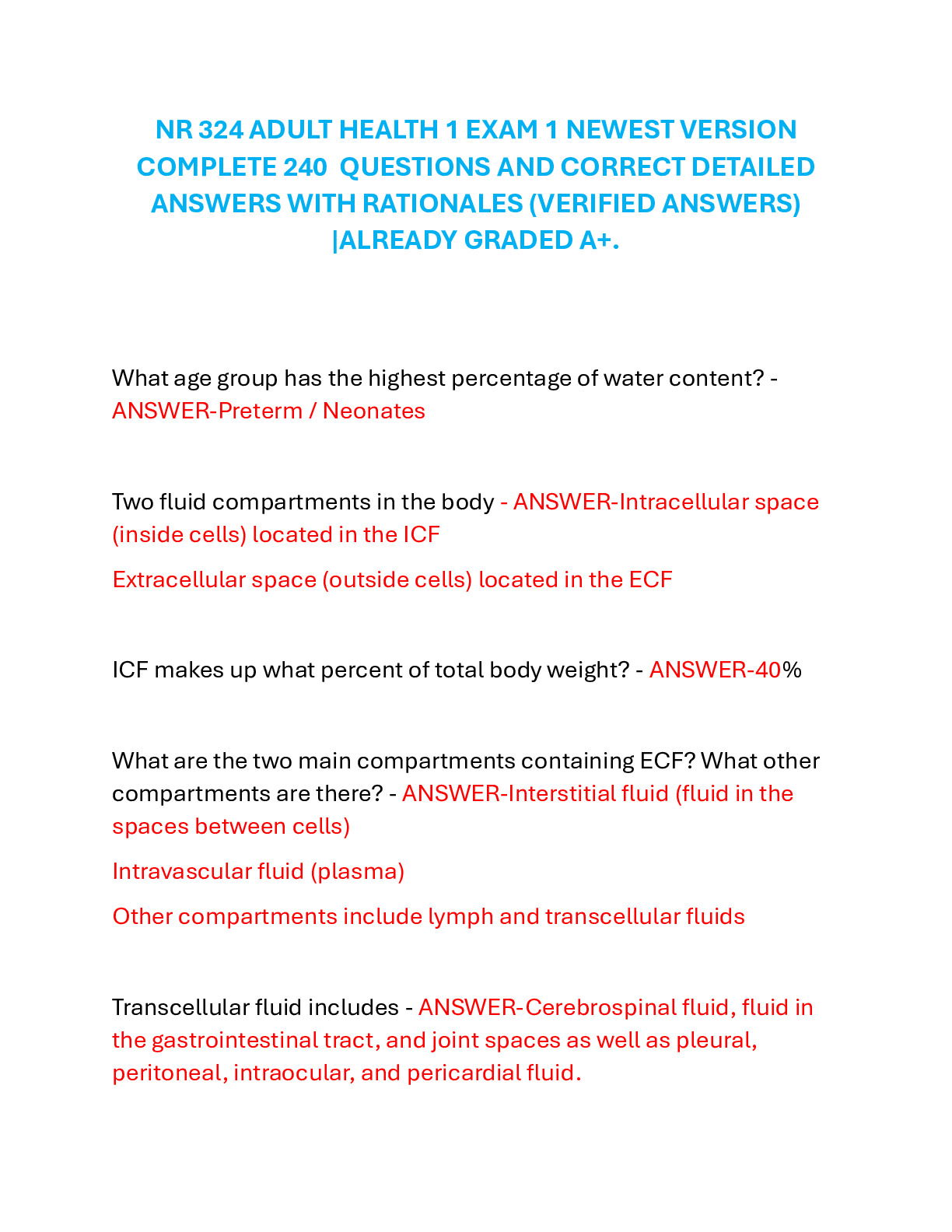 NR 324 ADULT HEALTH 1 EXAM 1 NEWEST VERSION  COMPLETE 240  QUESTIONS AND CORRECT DETAILED ANSWERS