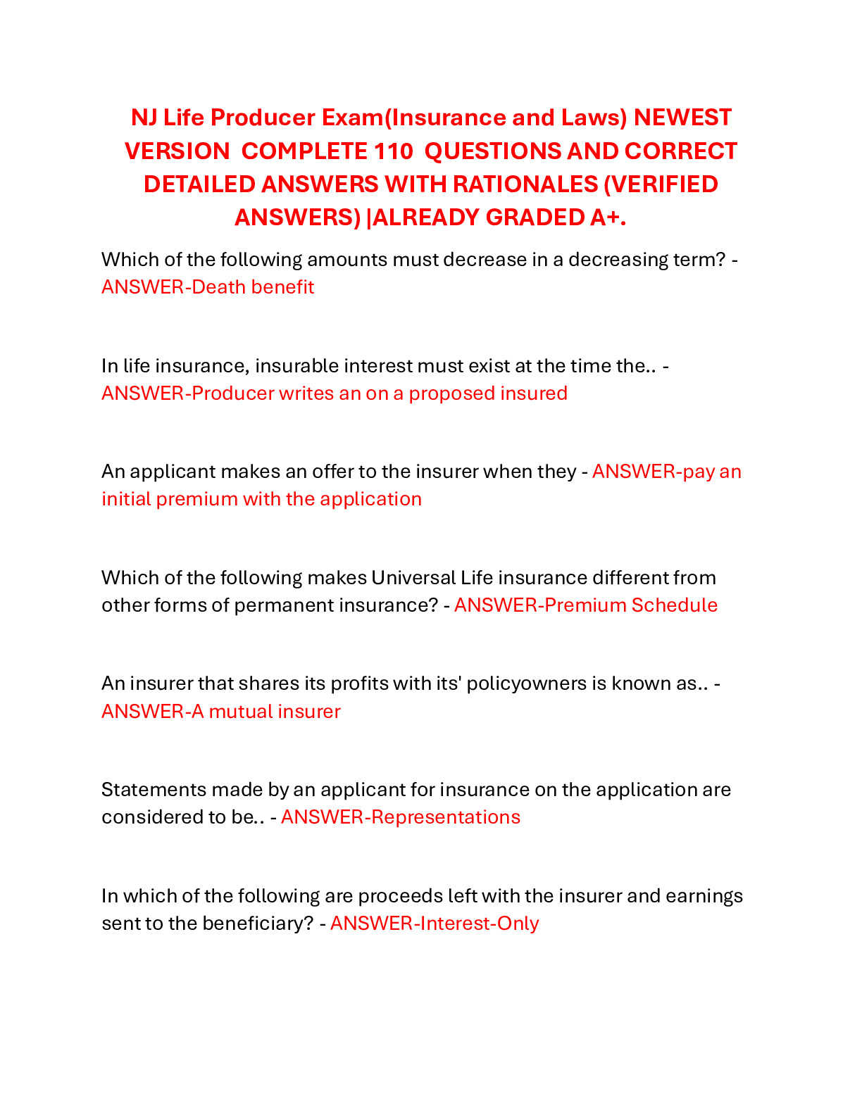 NJ Life Producer Exam(Insurance and Laws) NEWEST VERSION  COMPLETE 110  QUESTIONS ANDCORRECT ANSWER