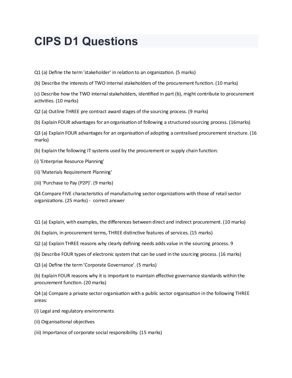 CIPS D1 Questions and correct answers 2024/2025 - DocMerit