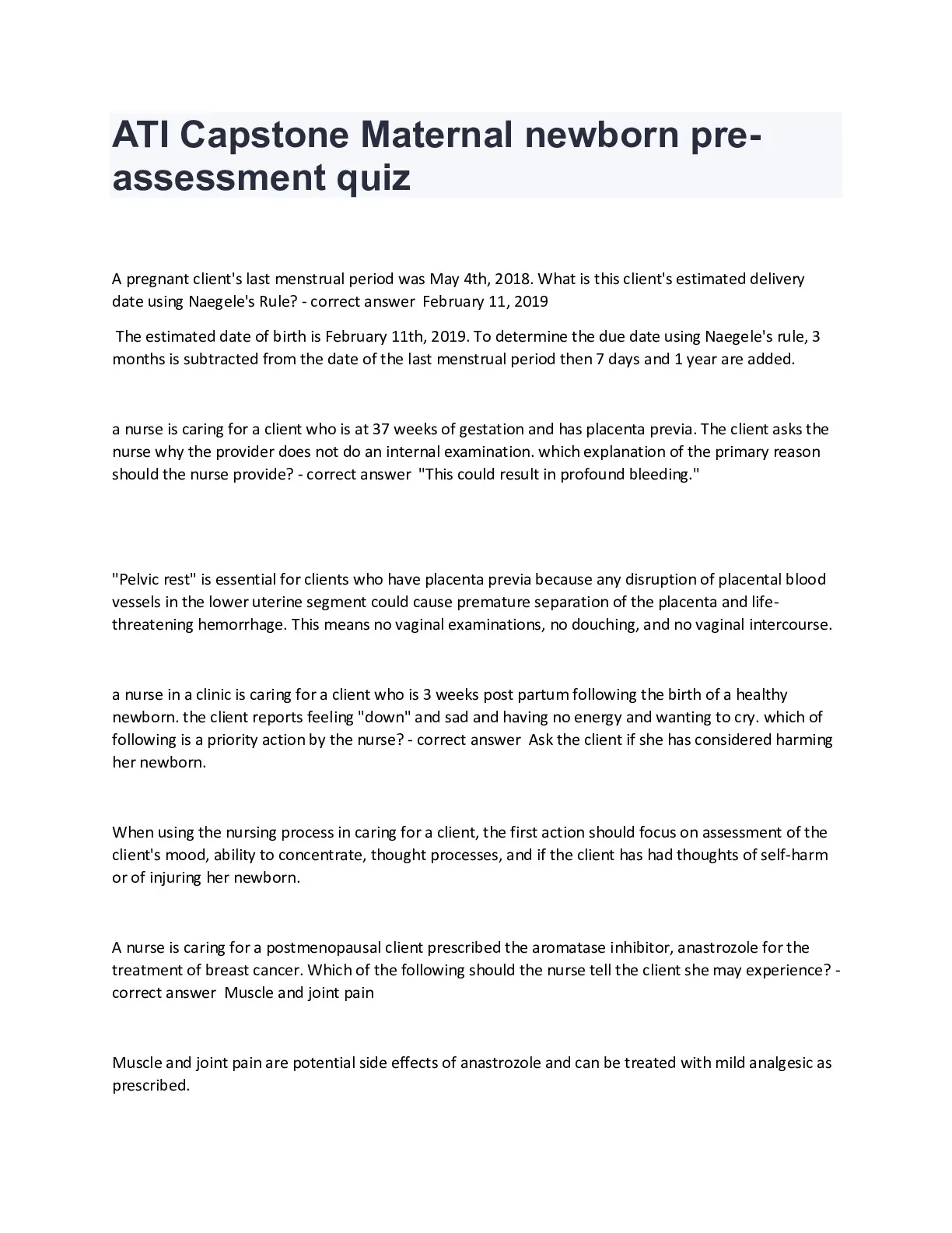 ATI Capstone Maternal newborn pre-assessment - DocMerit