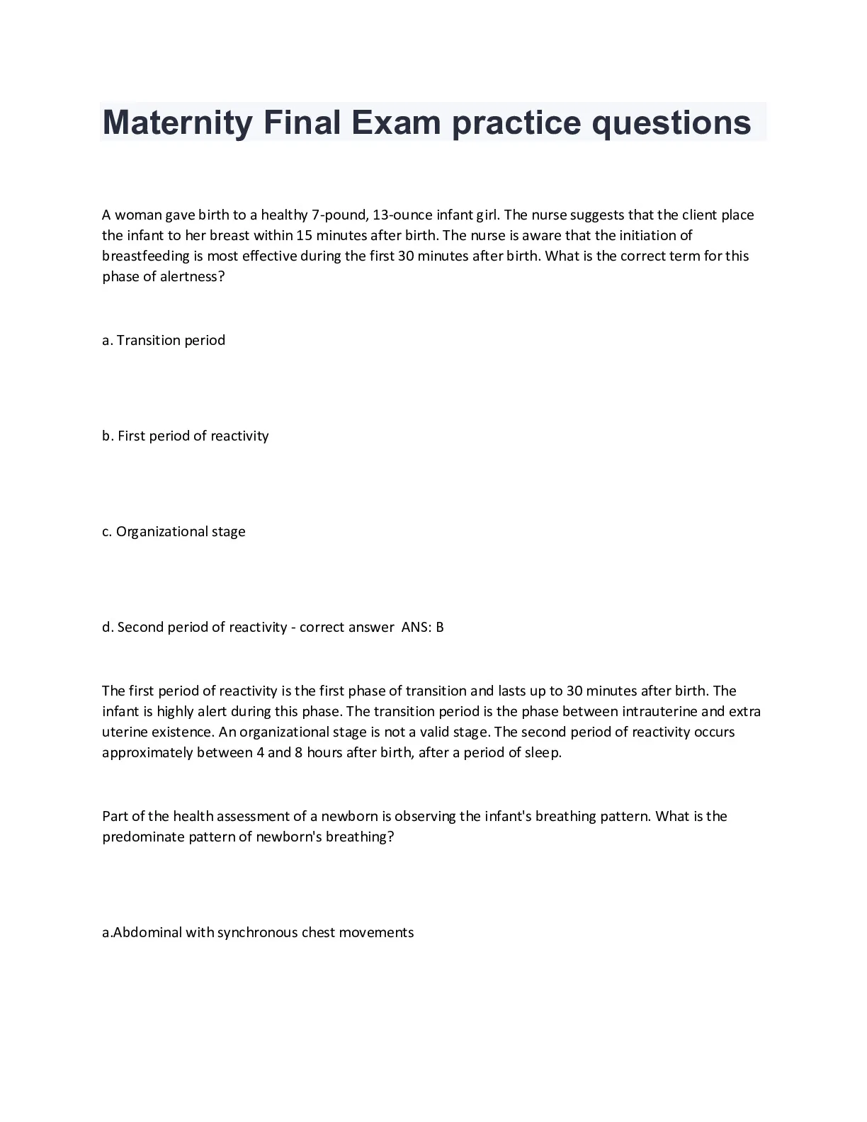 Maternity Final Exam practice questions with - DocMerit