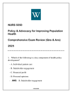 NURS 5050 Policy & Advocacy for Improving Population Health (WU) Comprehensive Exam Review Qns &Ans
