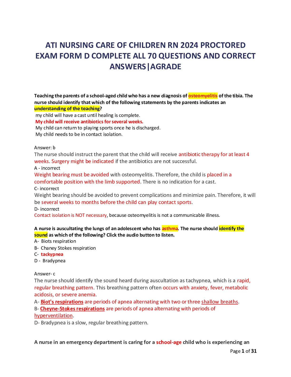 ATI NURSING CARE OF CHILDREN RN 2024 PROCTORED EXAM FORM D COMPLETE ALL ...
