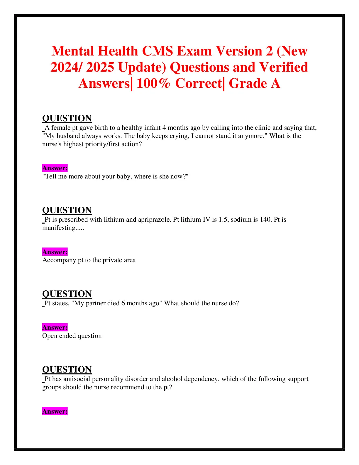 Mental Health CMS Exam Version 2 (New 2024/ - DocMerit