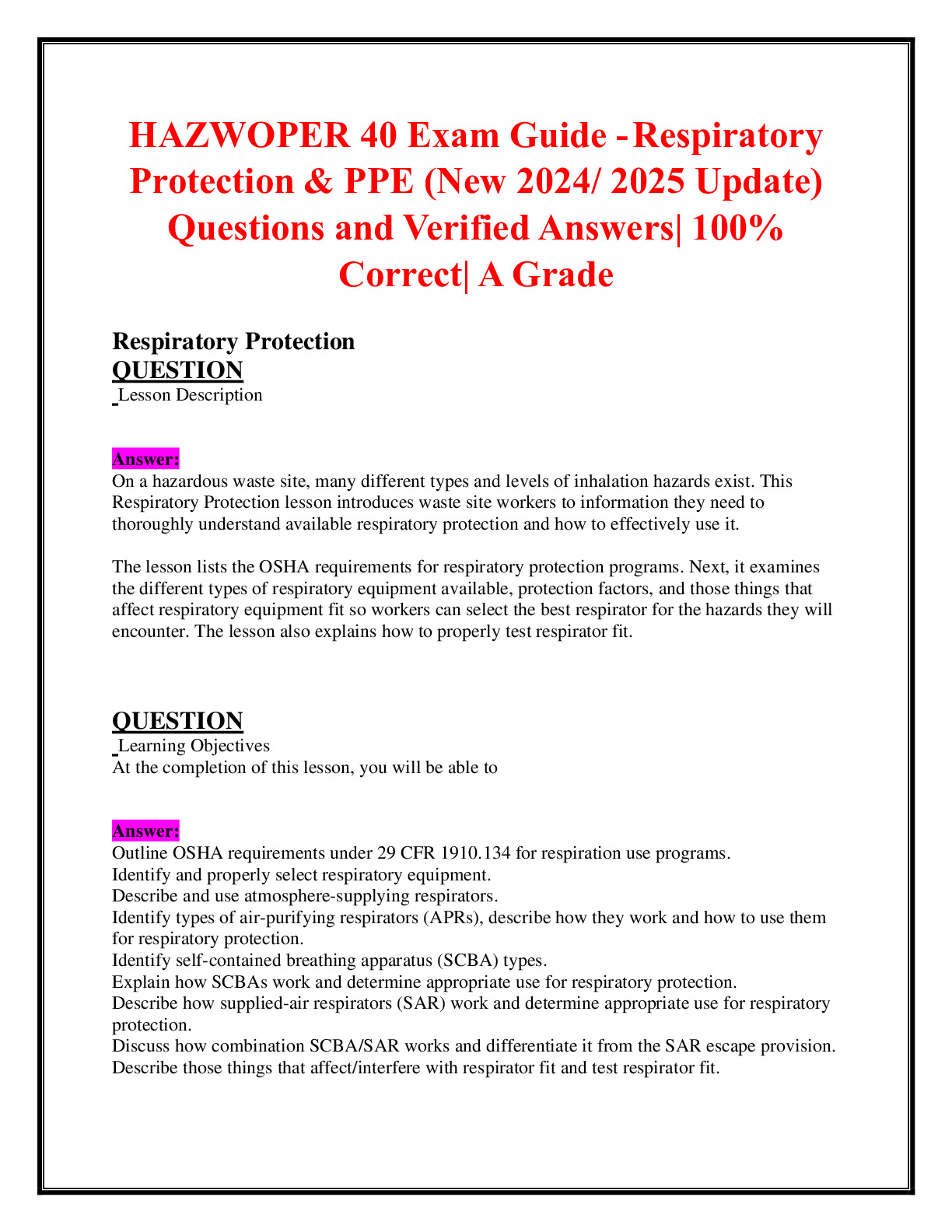 HAZWOPER 40 Exam Guide - Safe Work Practices, Personal Sampling ...