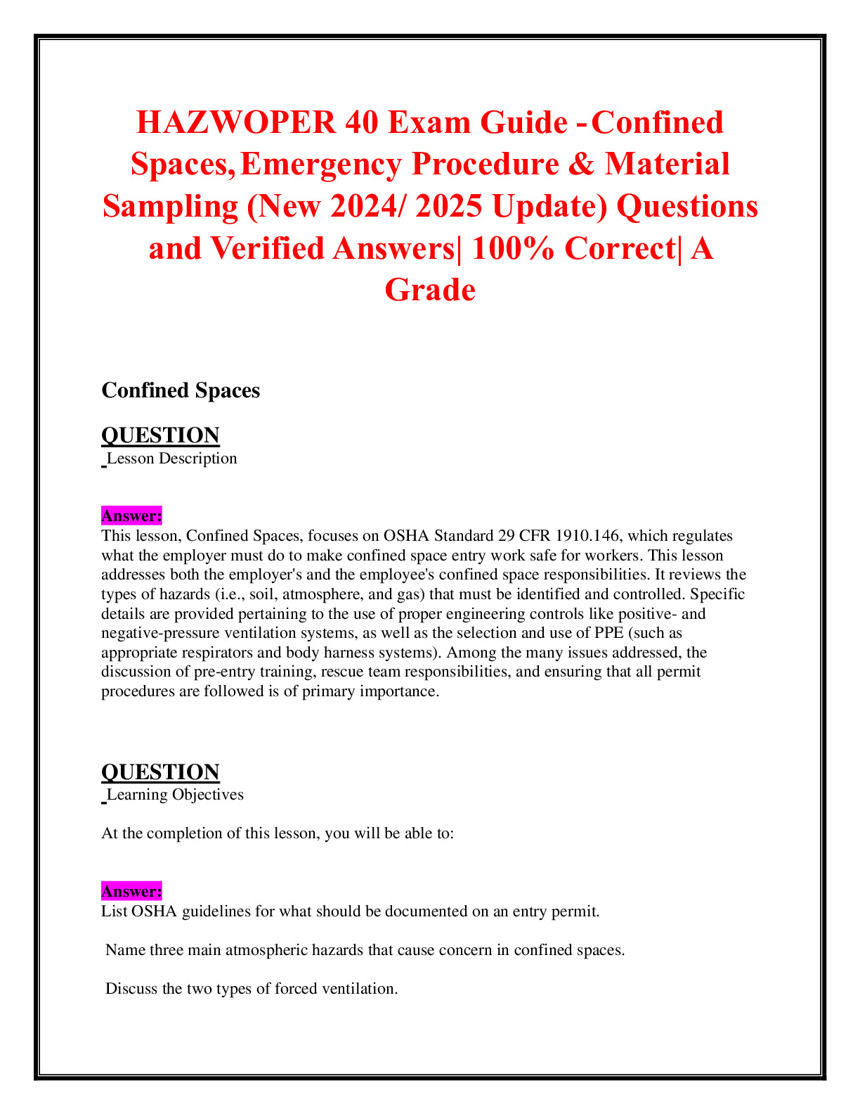 HAZWOPER 40 Exam Guide - Safe Work Practices, Personal Sampling ...