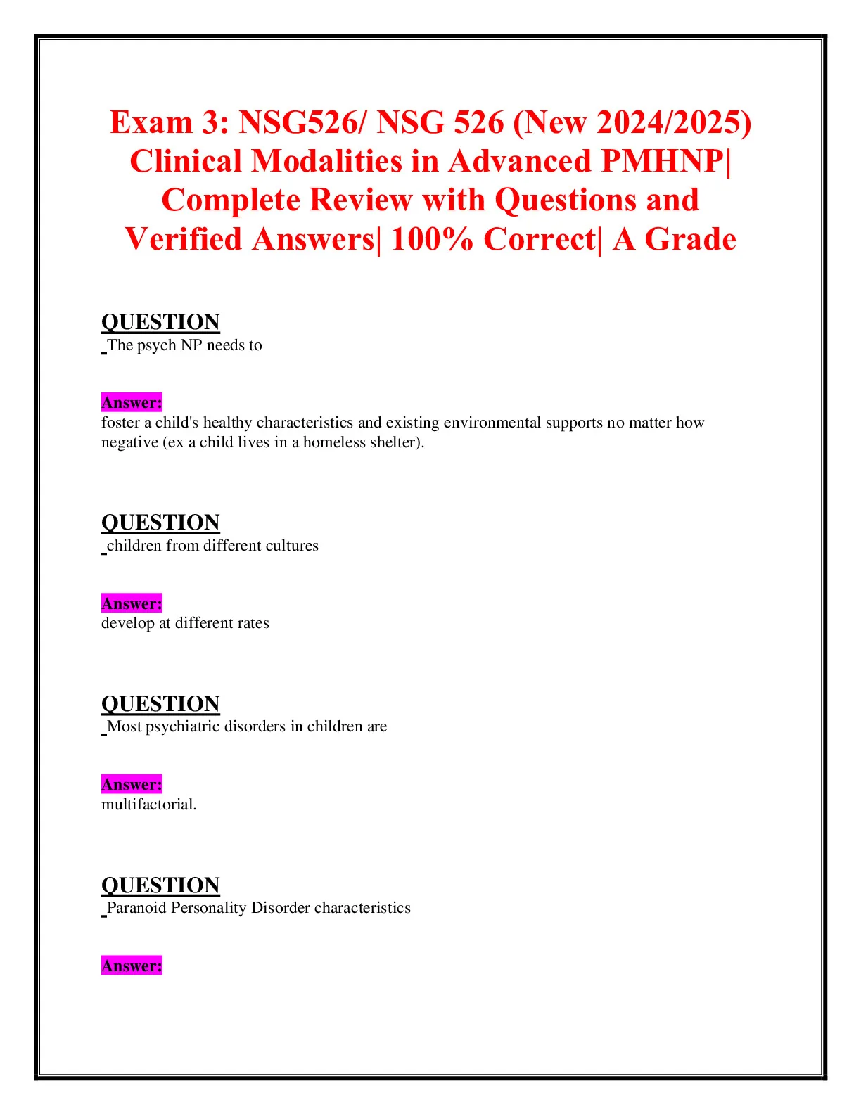 Exam 3: NSG526/ NSG 526 (New 2024/2025) Clinical Modalities in Advanced ...