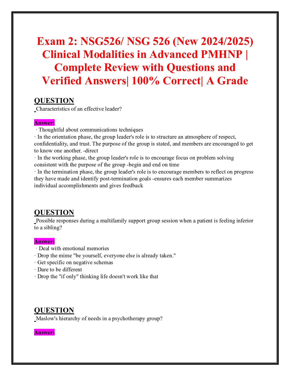 Exam 2: NSG526/ NSG 526 (New 2024/2025) Clinical Modalities in Advanced ...